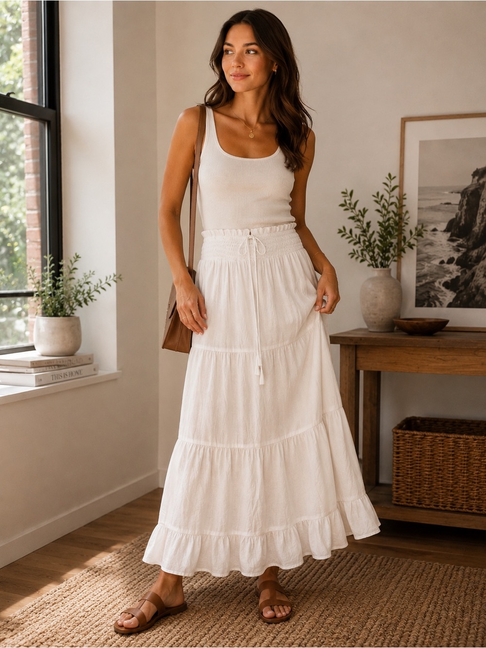 Love Tree White Tiered Boho Midi Skirt Size M